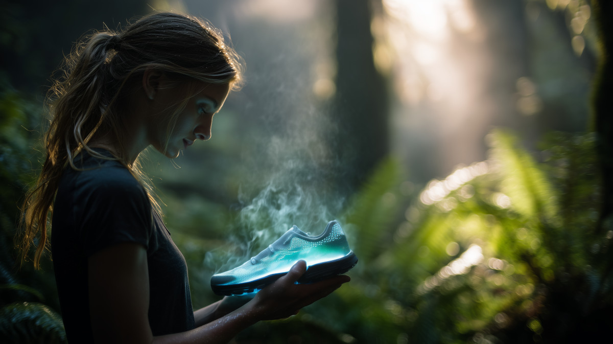 Mujer con zapatillas minimalistas brillantes en las manos