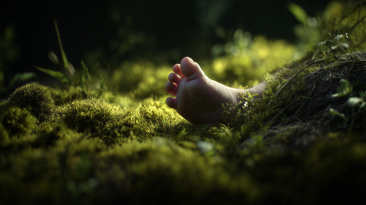 Pies de un niño imperfectos sobre el césped natural